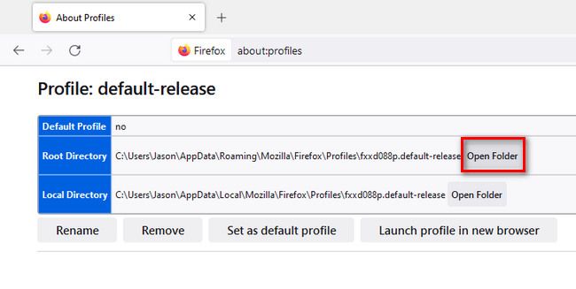 Папка профиля Firefox в Проводнике Windows, кнопка Открыть папку выделена
