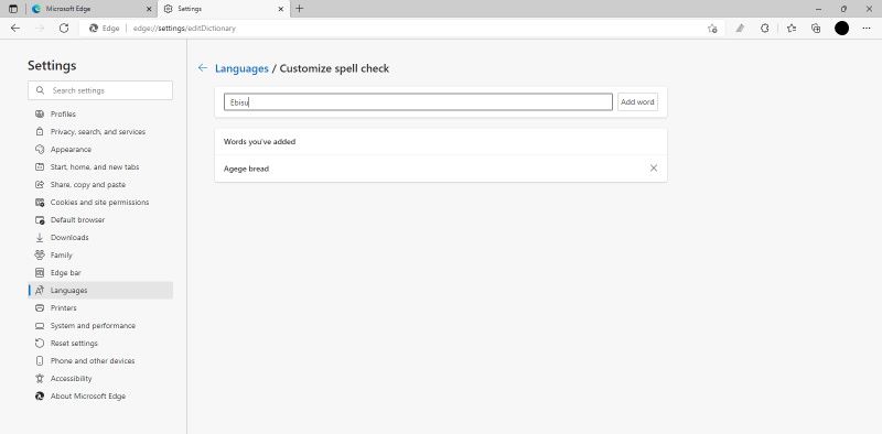 Настройки словаря Microsoft Editor