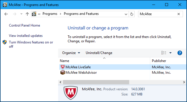 Панель управления — удаление McAfee
