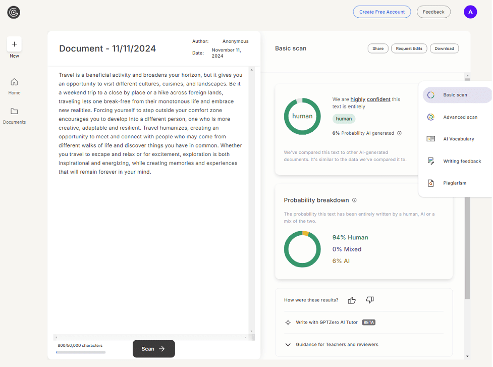 Результат сканирования humanized-текста в GPTZero