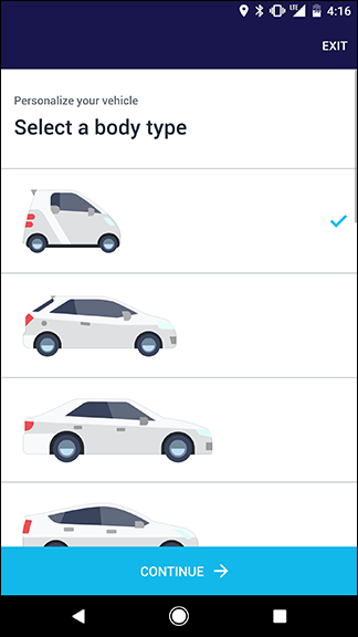 Экран выбора модели, кузова и цвета автомобиля в приложении