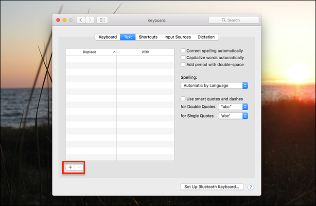 Вкладка Текст в настройках клавиатуры для автозамены