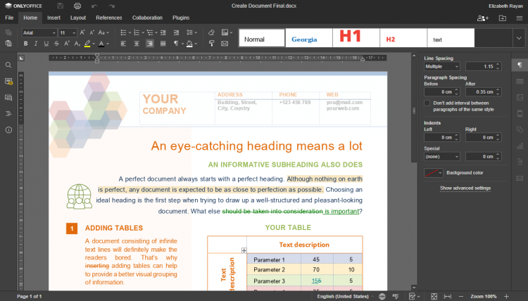 Интерфейс ONLYOFFICE Docs 6.3 на Ubuntu
