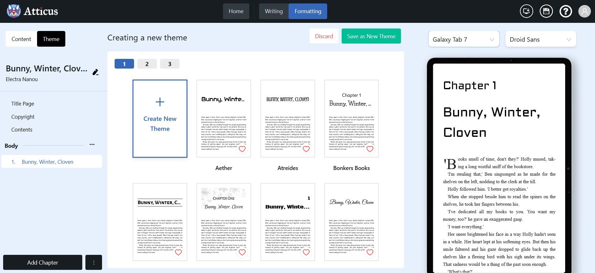 Создание новой темы в панели форматирования Atticus