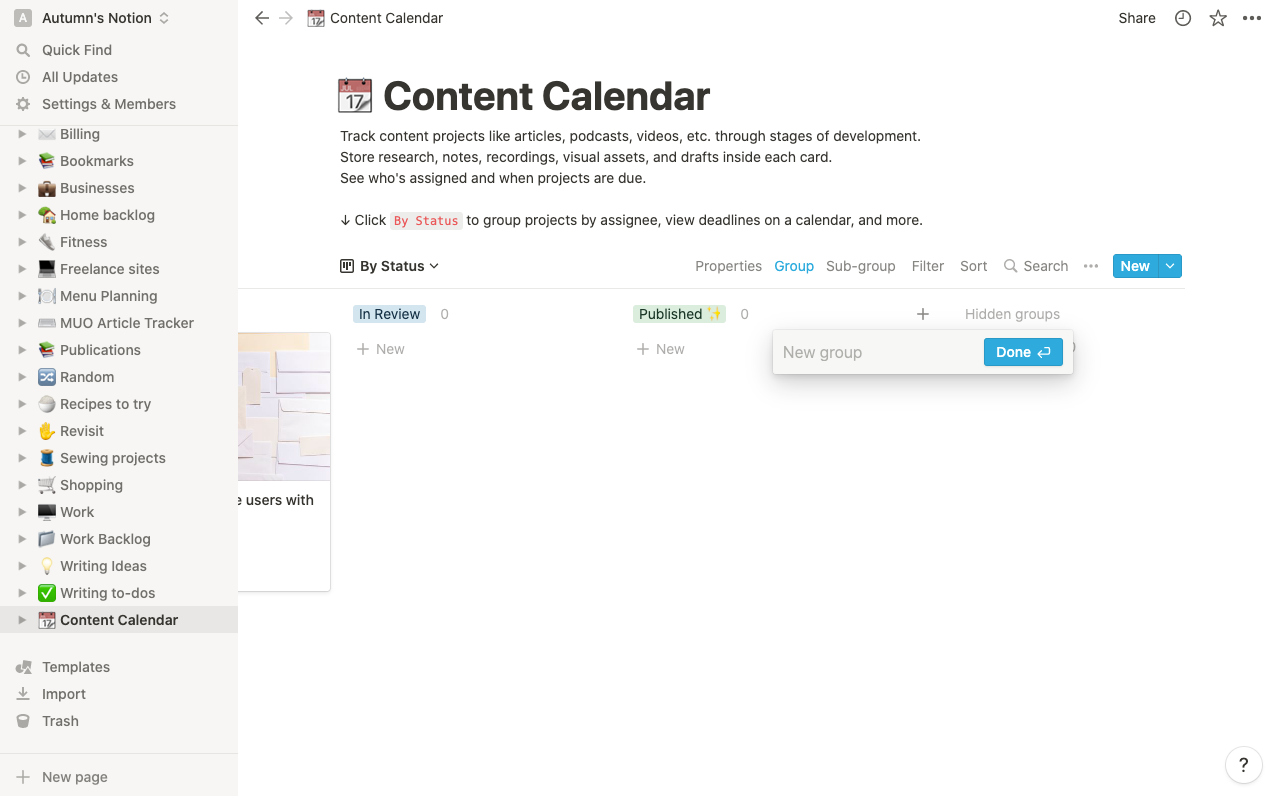 Скриншот добавления группы в канбане