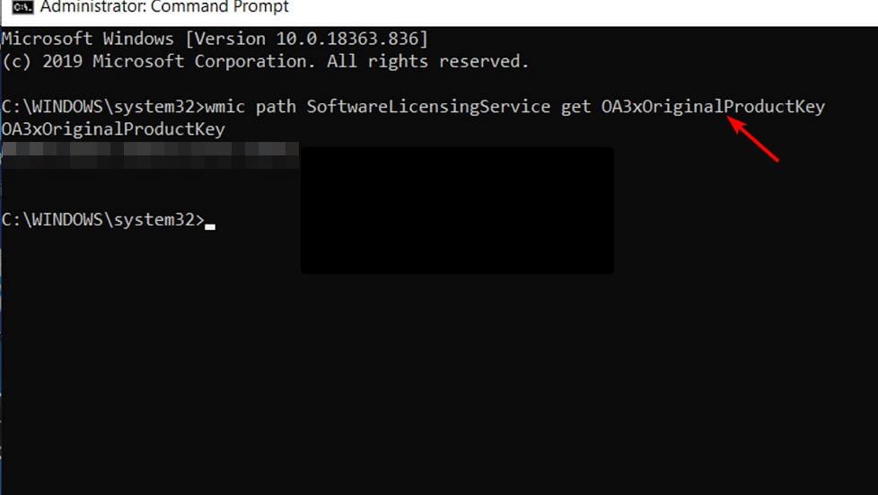 Вывод команды WMIC с ключом продукта OEM