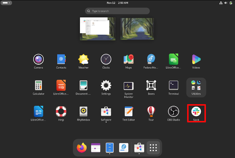 Slack в меню приложений Fedora.