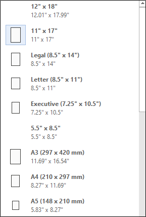 Different available paper sizes
