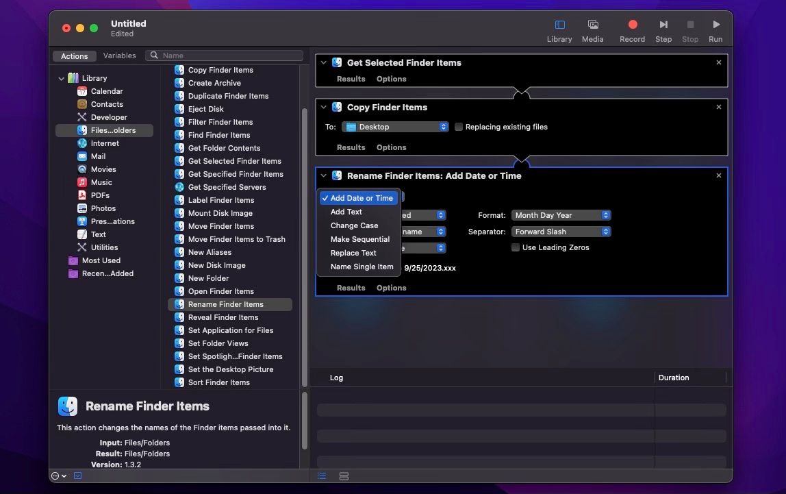 Добавление действия в Automator