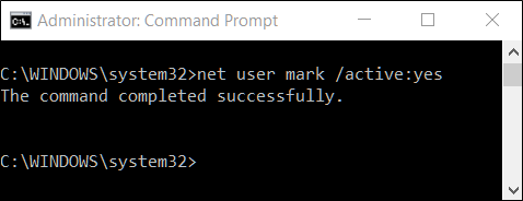 Пример включения учётной записи через net user