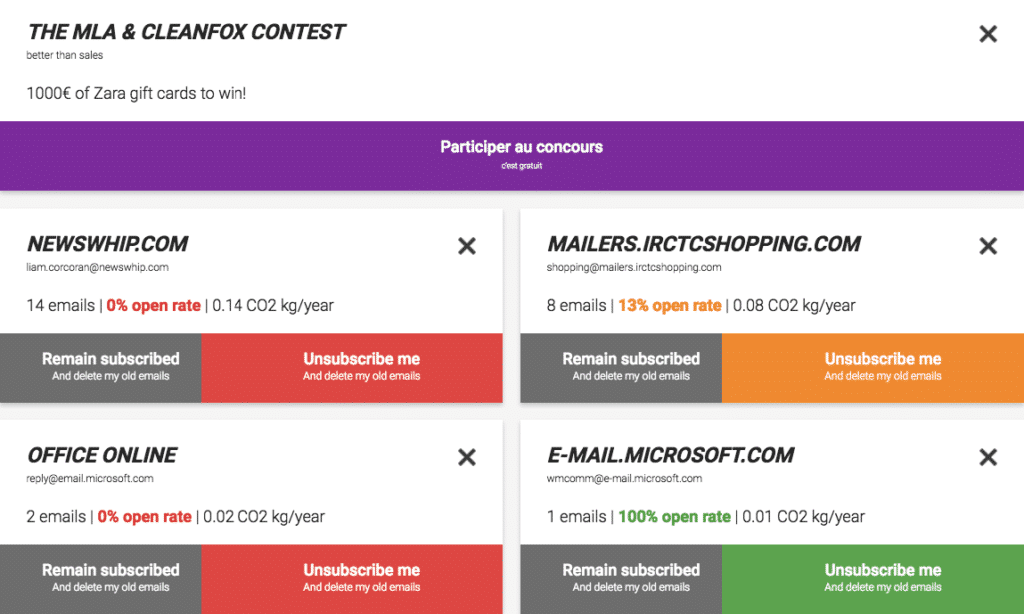 vista de Cleanfox con lista de newsletters, tasa de apertura y indicador de CO2