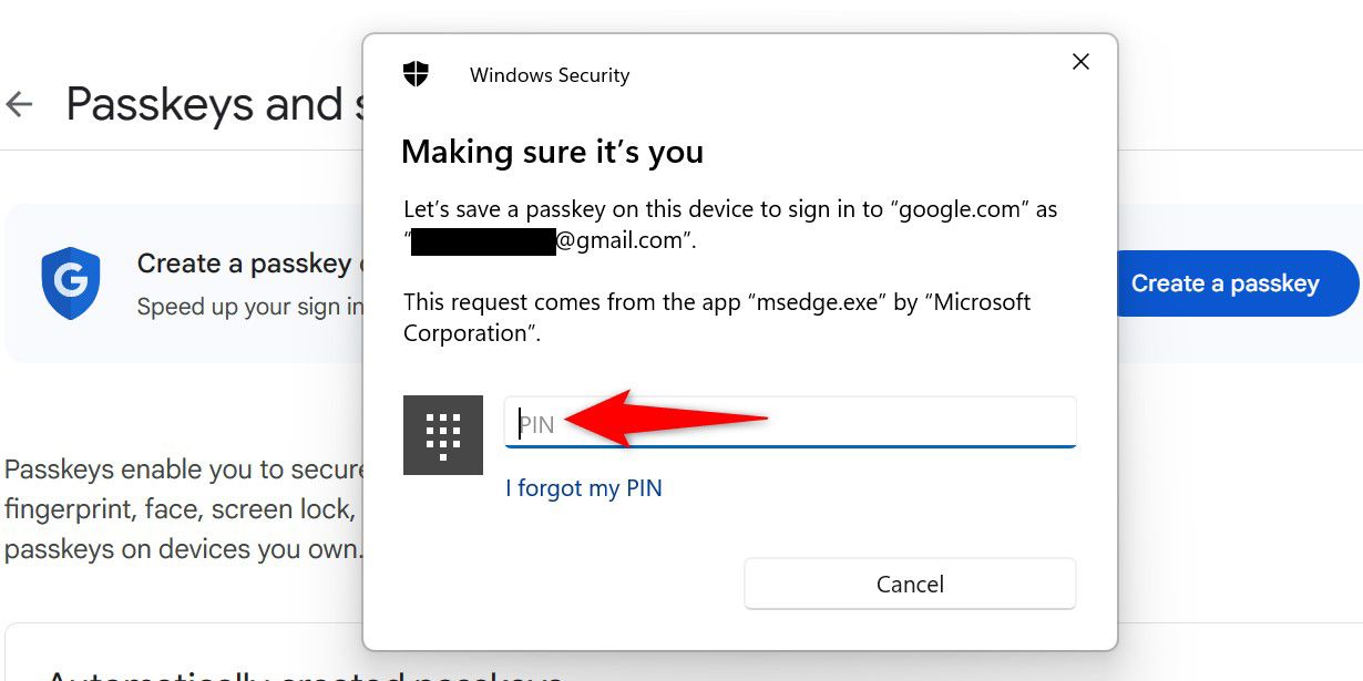 Окно Windows Security при создании passkey.