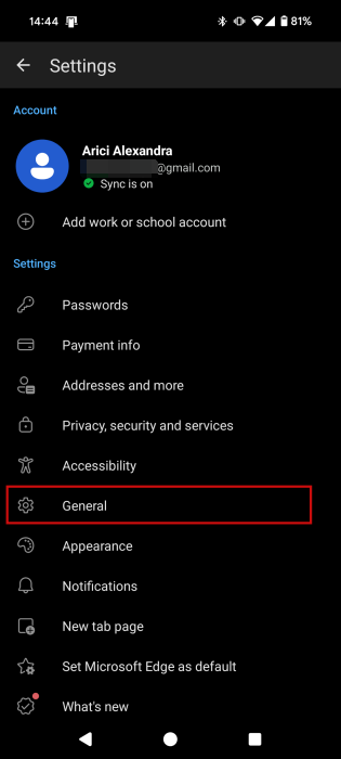 Навигация к разделу General в Microsoft Edge на Android.