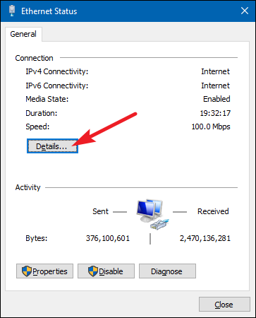 В окне состояния Ethernet нажмите 