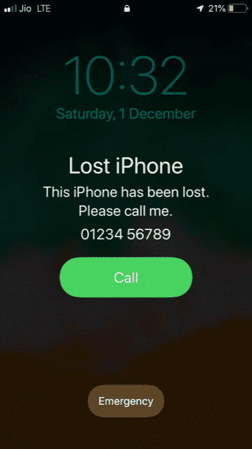 Экран с сообщением в Режиме пропажи