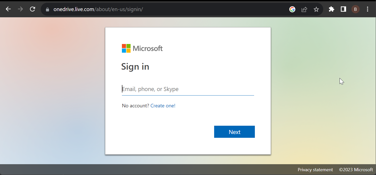 Вход в OneDrive — экран с кодом ошибки