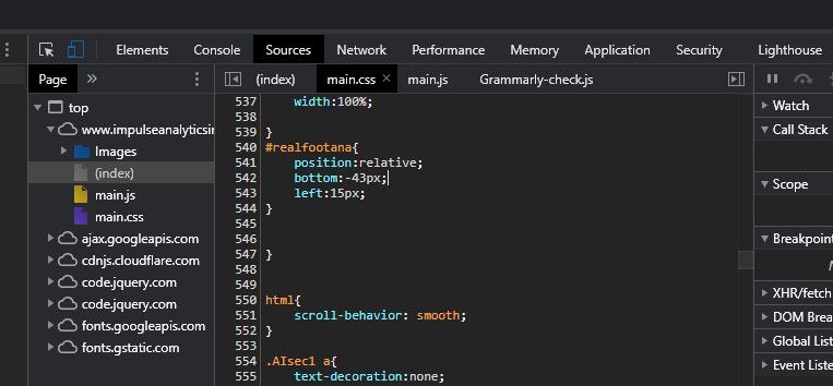 Правка CSS в окне Sources и мгновенный результат в странице
