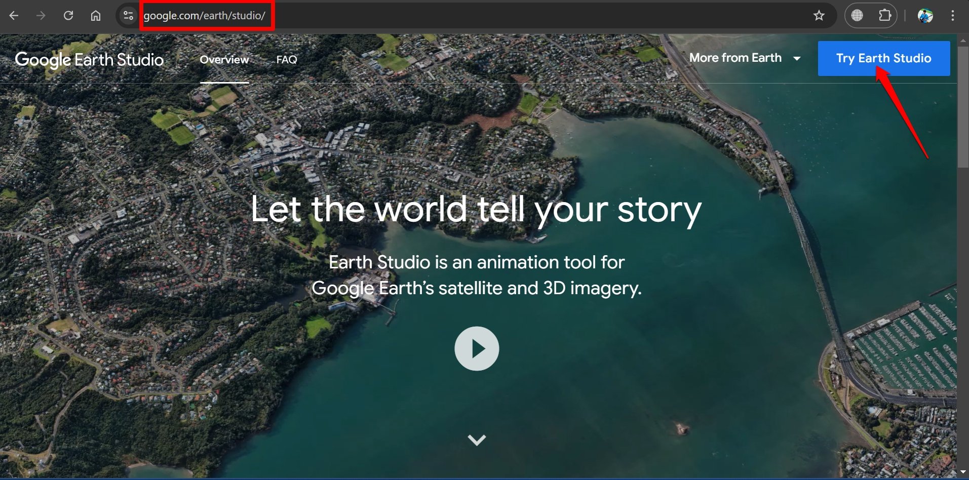 Кнопка Try Earth Studio в интерфейсе