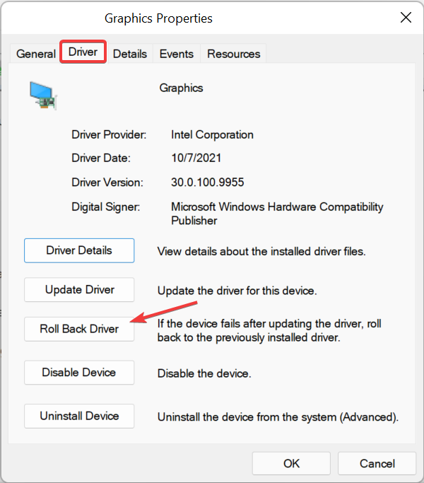 Кнопка отката драйвера