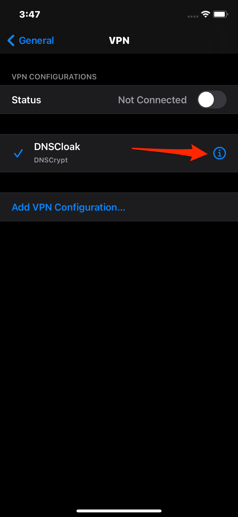 Экран настроек VPN для DNSCloak на iPhone