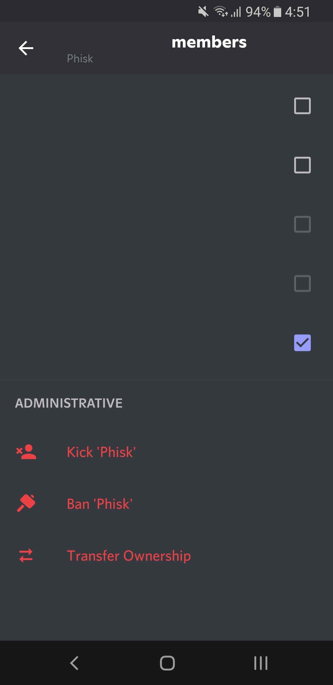 Передача прав владельца сервера в мобильном Discord