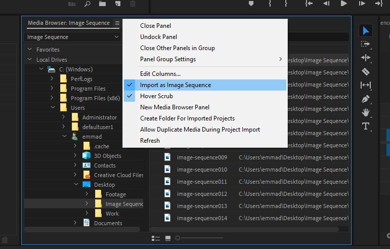 Импорт через Media Browser в Premiere Pro