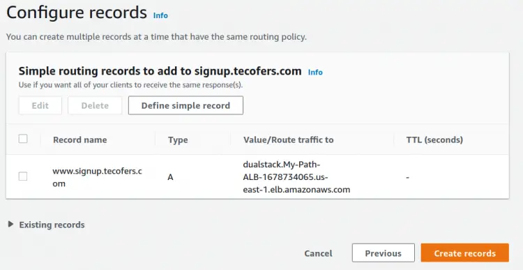 Пример записей в hosted zone
