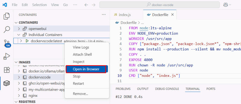 Apri applicazione nel browser dal container