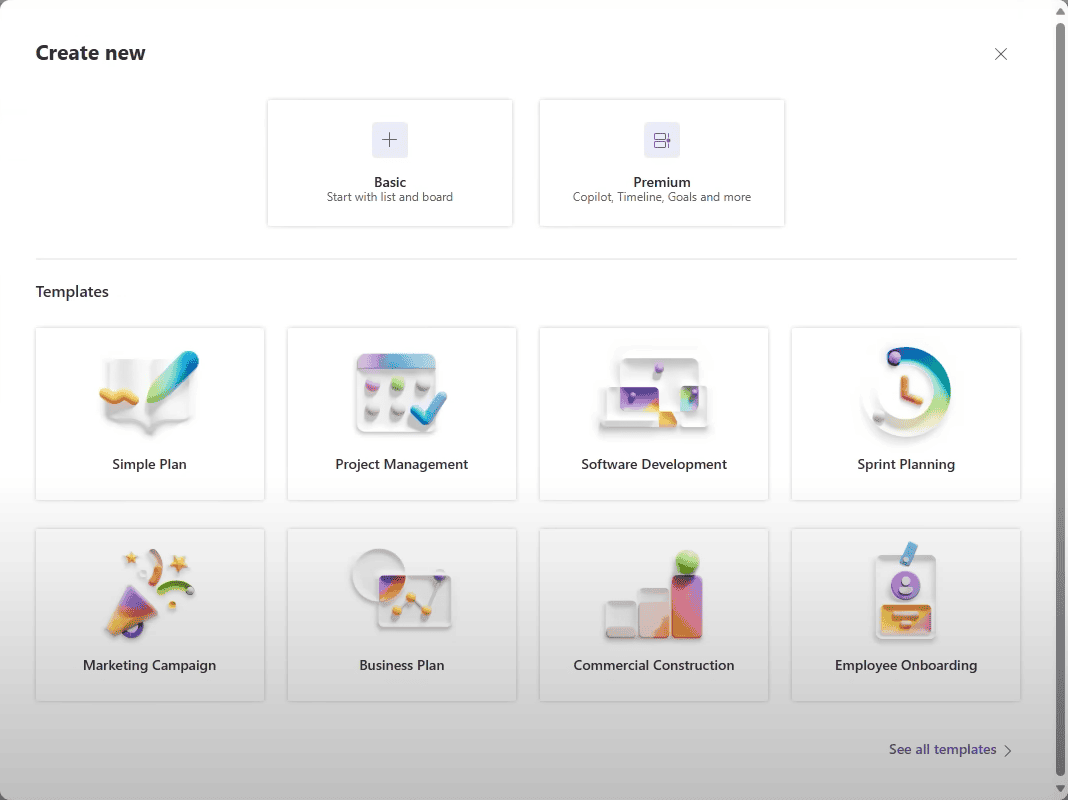 Окно выбора рекомендованных шаблонов в Microsoft Planner