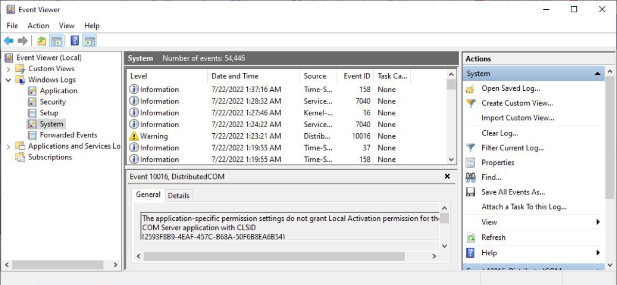 Просмотр событий в Windows 10