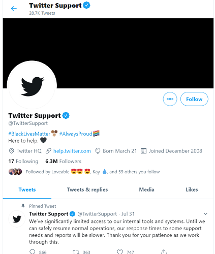 Контактная информация и поддержка Twitter