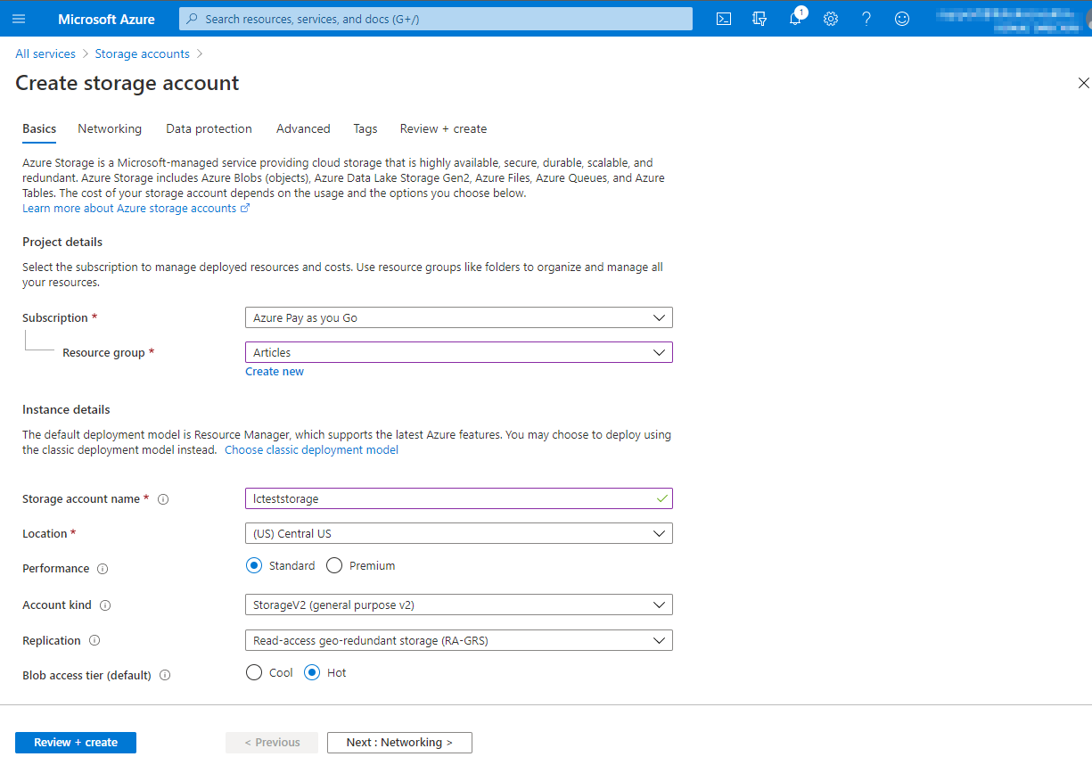 После настройки параметров нажмите «Review + Create»