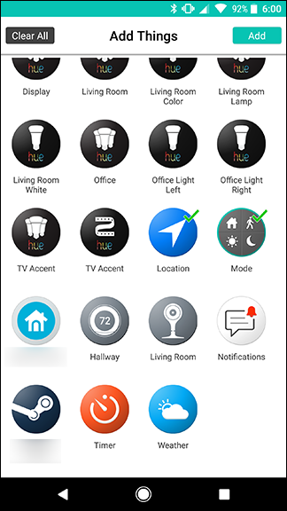 Список Things — выбор Location и Mode