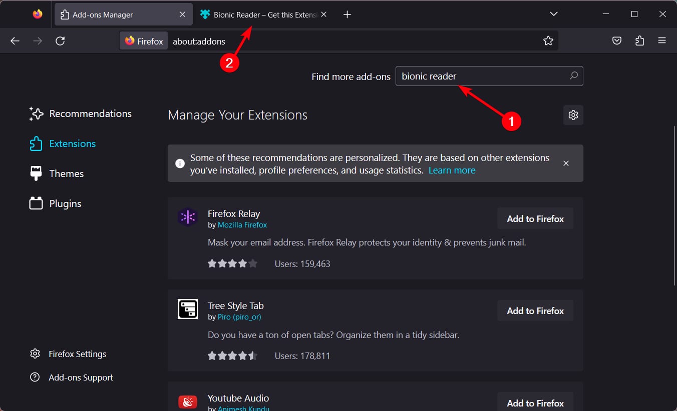 Поиск расширения Bionic Reader в каталоге Firefox