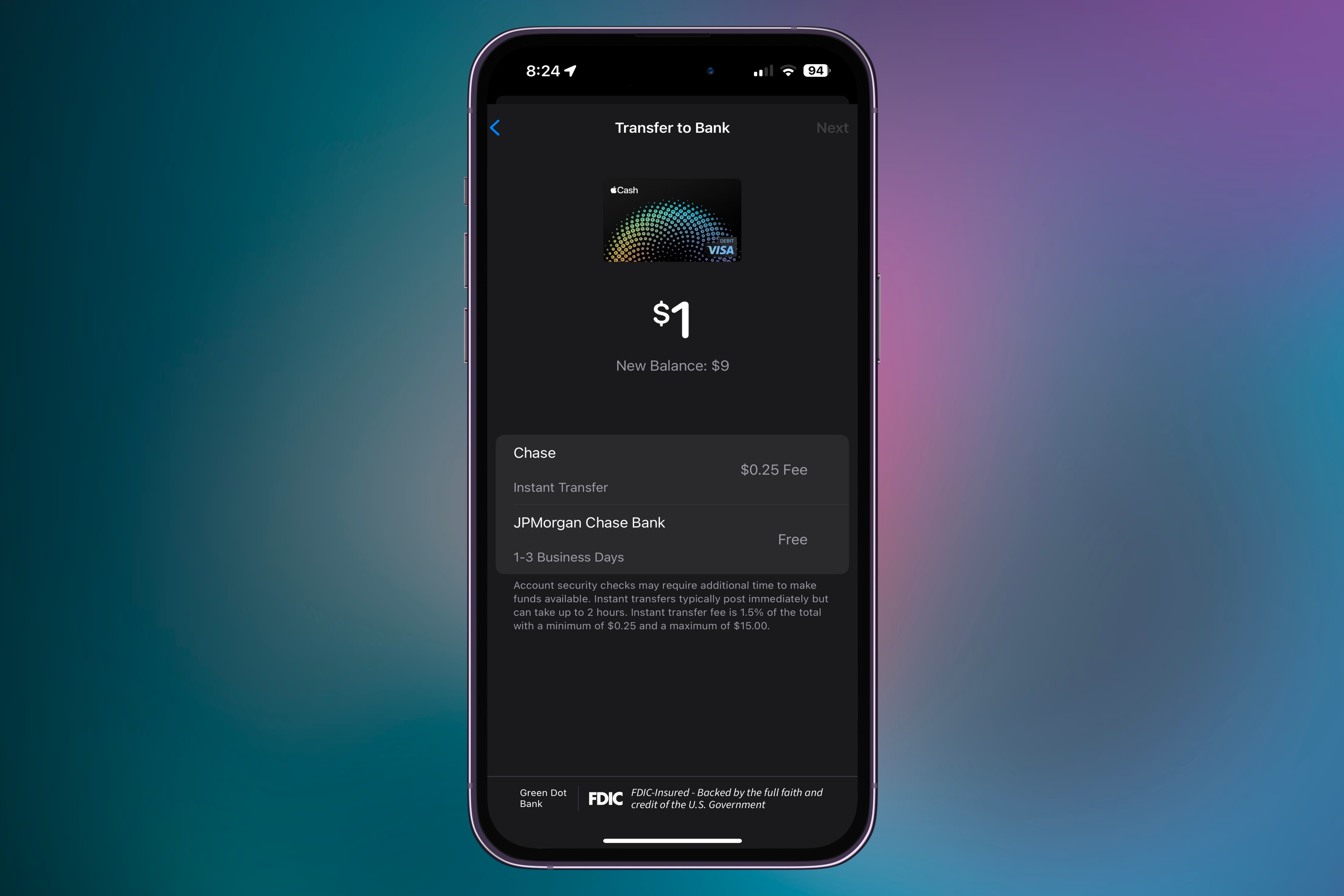 Перевод средств с карты Apple Cash на банковский счёт в Wallet на фоне яркой графики.