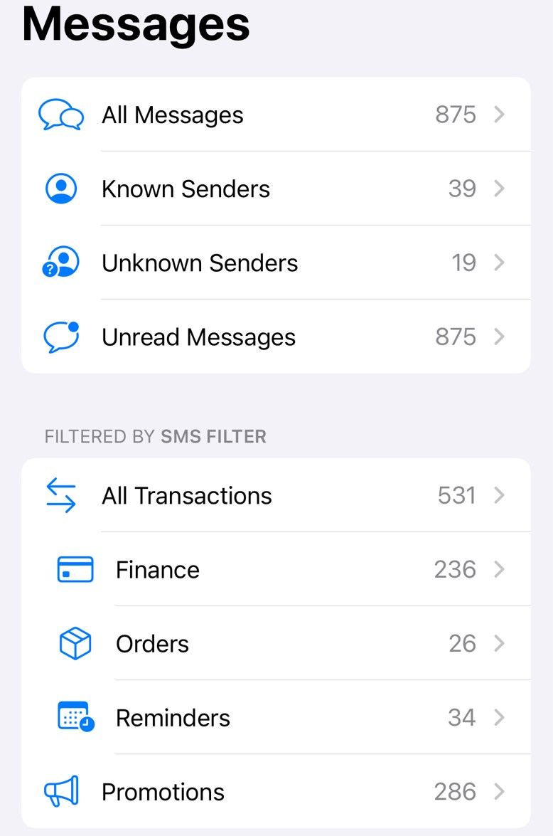 Разные папки в приложении Сообщения.