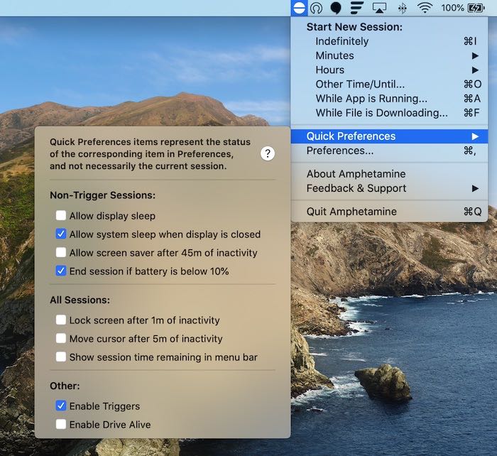 Окно настроек Amphetamine с параметрами «оставаться включённым»