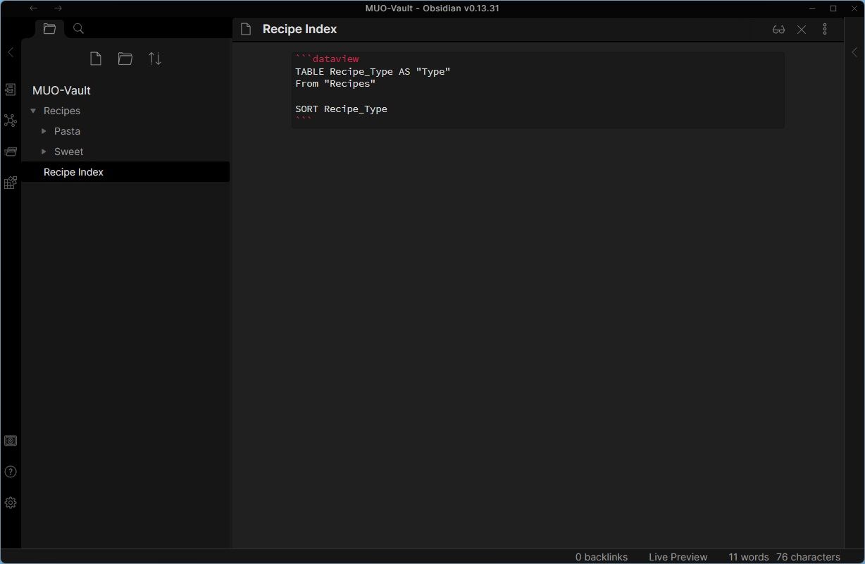 Пример запроса Dataview, вывод в табличной форме с сортировкой