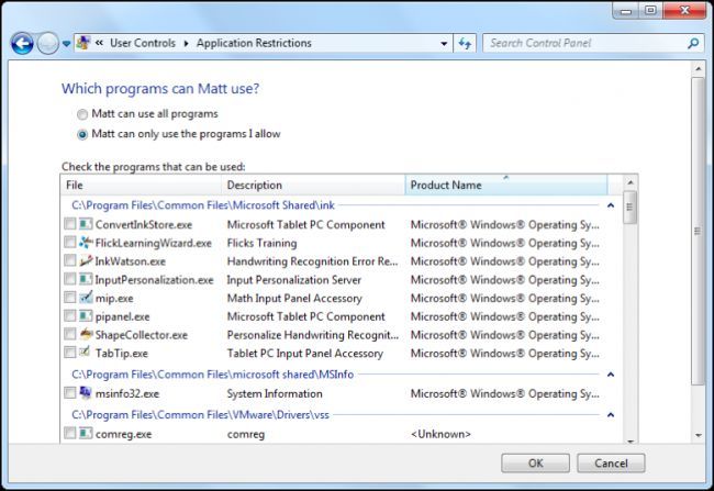 Изображение: выбор разрешённых программ в родительском контроле Windows 7
