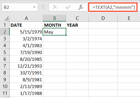 Полное название месяца, полученное с помощью функции TEXT