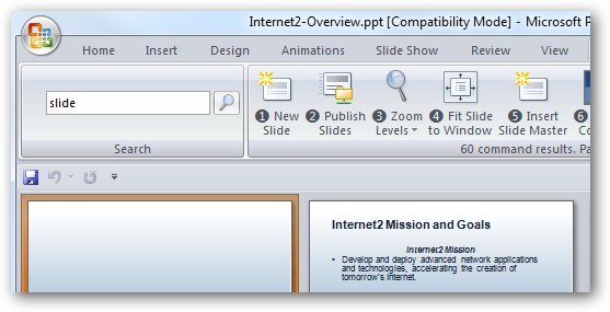 Пример интерфейса в PowerPoint 2007 с надстройкой Search Commands