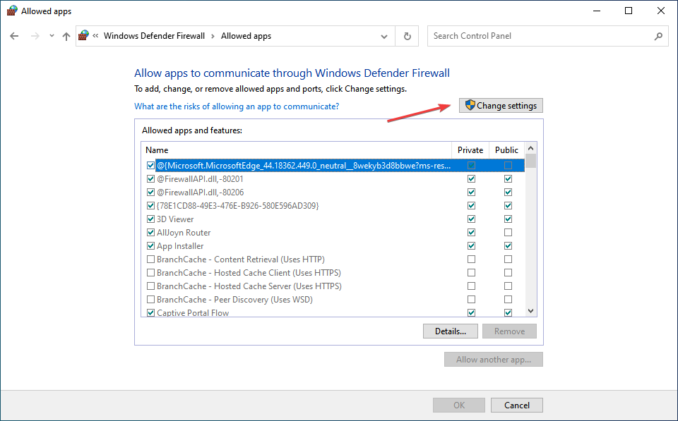 Изменить параметры брандмауэра