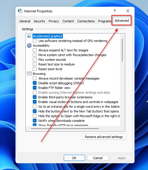 Вкладка Дополнительно в свойствах обозревателя