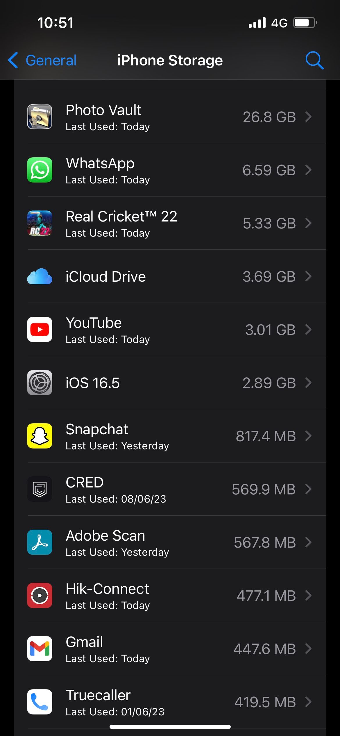 iPhone Storage menu