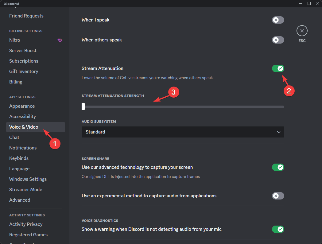 Параметр Stream Attenuation в настройках Discord