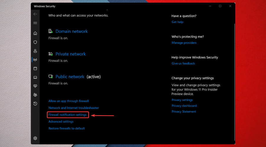Параметры уведомлений брандмауэра