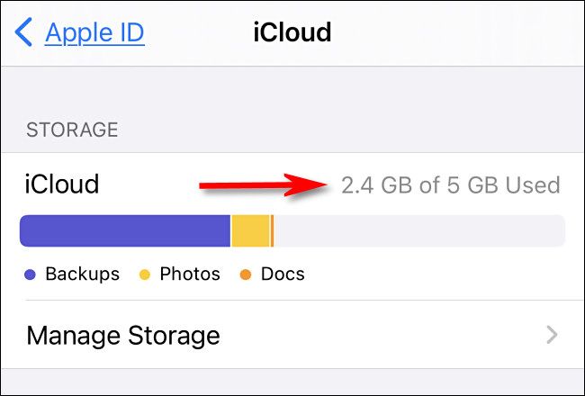 В iCloud отображается график использования хранилища.