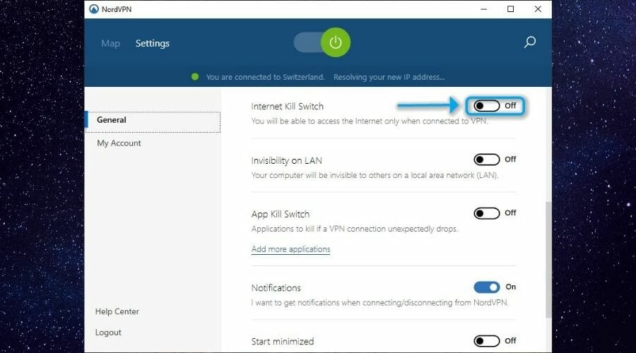 Экран настроек NordVPN с переключателем Internet Kill Switch