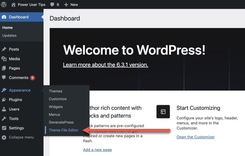 Пункт меню «Редактор тем» в админ‑панели WordPress, выделен