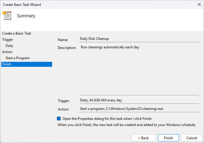 Мастер Планировщика показывает создание новой задачи.